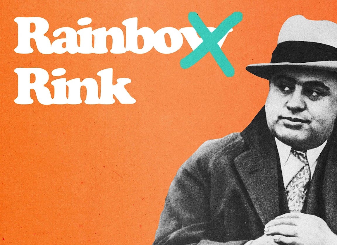 A photo of a man in a brimmed hat with text that reads "Rainbo Rink."